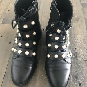 Used Zara Black Pearl strap flat booties